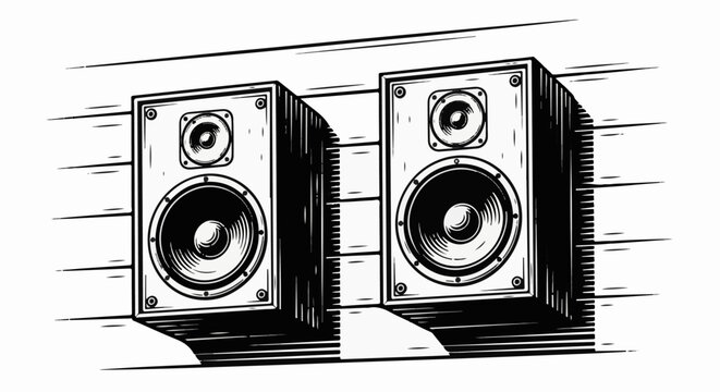 Two stylized black and white speakers are mounted on a striped wall