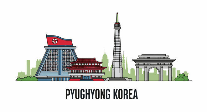 Stylized skyline illustration of Pyongyang, North Korea, featuring iconic landmarks