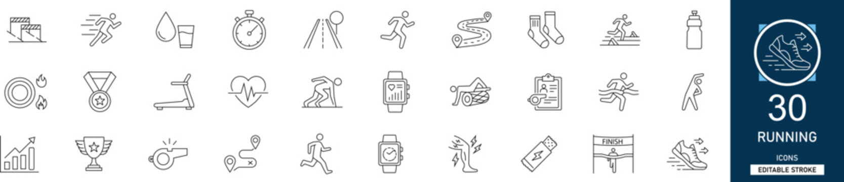 Running and athletics line icon set with 30 icons runner, jogging, fitness, marathon, workout, exercise, shoes, stopwatch. Clean linear vector, editable stroke for sports projects.