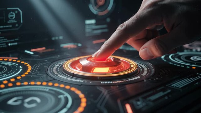 Close up of human finger pressing glowing red button on futuristic high tech control panel
