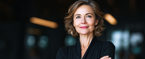 Fototapeta premium Confident 50-year-old female entrepreneur smiling in a sleek office with arms crossed