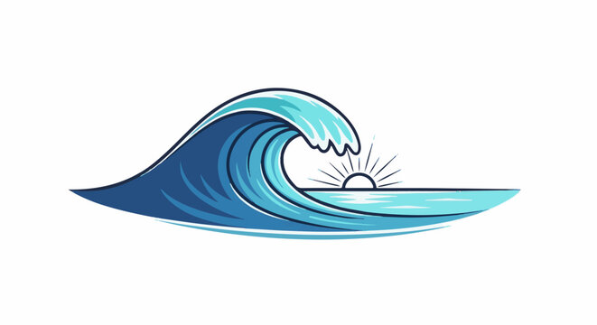 A dynamic blue wave crests over a stylized sun rising from the ocean