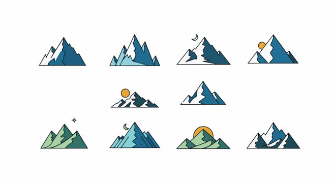 A graphic montage of stylized mountain ranges under different celestial conditions