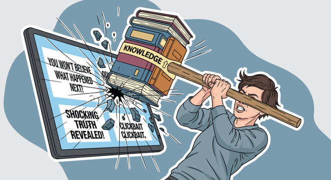 Illustration of a person using a stack of books as a hammer to smash a digital tablet displaying clickbait headlines, Generative AI.