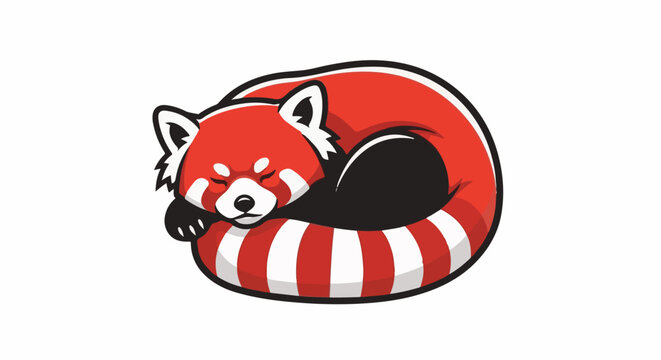 Stylized red panda curled up sleeping with striped tail