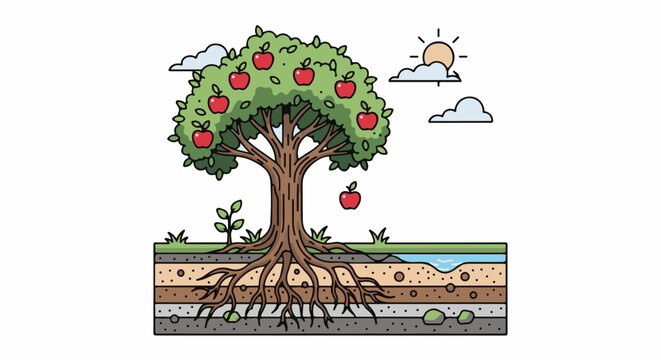 A cross-section shows an apple tree with roots, fruit, and sun