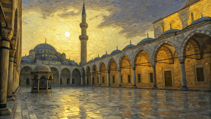 Fototapeta premium Beautiful golden sunset light illuminates the historic courtyard of an ancient stone mosque