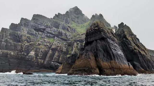 Skellig Michael, Kerry, Ireland. Celtic Monastic settlement island. New lighthouse view. Film Location from Star Wars, UNESCO World Heritage, Ring of Kerry, Ireland.