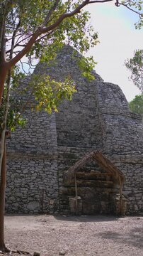 Ancient ruins of Mayan pyramids at the archaeological site of Coba on the Yucatan Peninsula, Mexico. Majestic stone structures surrounded by jungle nature. History, culture and travel exploration