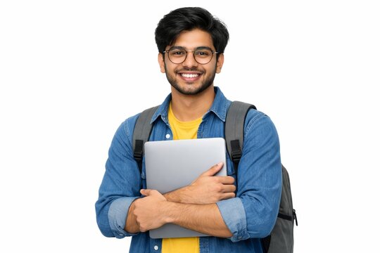 Smiling student man holding laptop on white background in casual style. Ai generative
