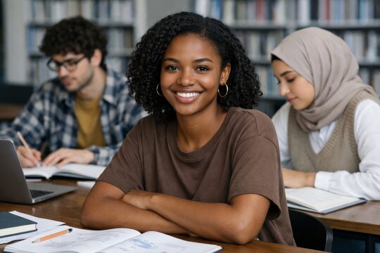 Smiling student in library study environment with classmates. Ai generative