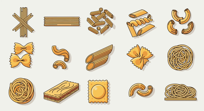Various shapes of pasta and noodles arranged in rows