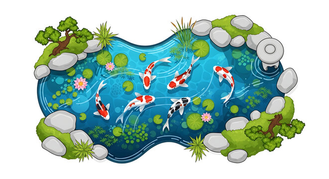 Top view of a decorative garden pond with koi fish, water lilies, stones, and bonsai trees