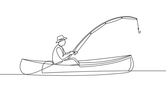 Continuous line drawing man fishing in canoe vector set minimal one line outdoor activity illustration isolated on white background for leisure and nature design