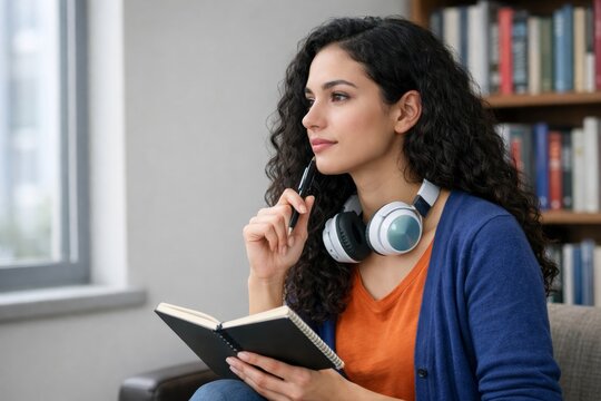 Thoughtful woman writing notes in home library interior. Ai gene