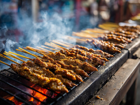Satay grilling on charcoal barbecue with smoke