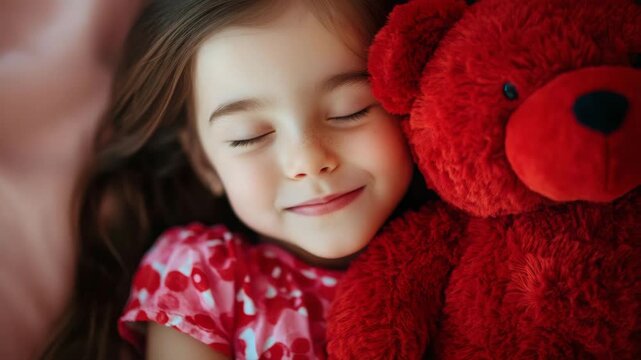Young girl sleeping peacefully with red teddy bear on pink background  