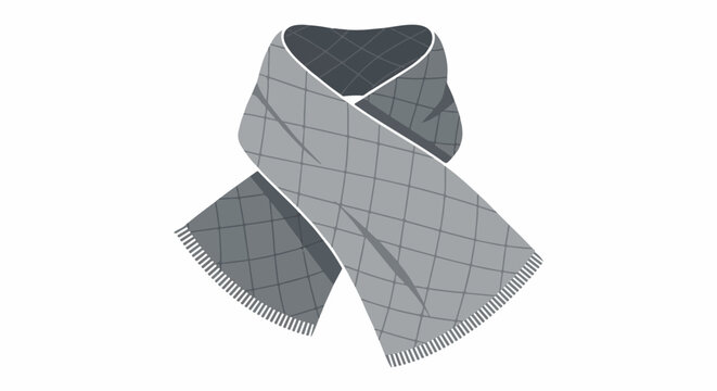 A grey knitted scarf with a diamond pattern and fringe