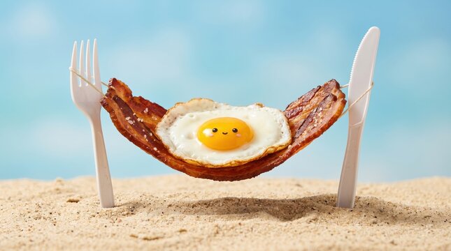 A cute fried egg with a smiling face relaxing in a bacon hammock strung between a plastic fork and knife on a sandy beach under a clear blue sky