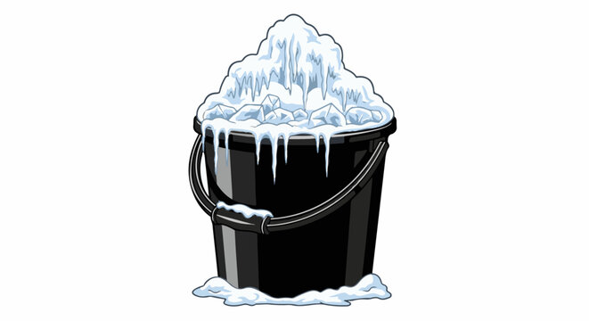 A black bucket overflowing with ice cubes and icicles