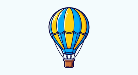 Naklejka premium A cartoon hot air balloon with blue and yellow vertical stripes, suspended against a pale blue background