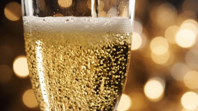 Close-up view of sparkling champagne with bubbles in glass