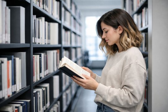 Woman reading a book in a quiet library aisle scene. Ai generati