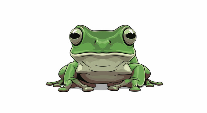 A bright green cartoon frog with large eyes sits facing forward