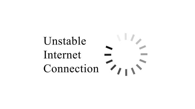 High quality 4K video animation of unstable internet connection message with grey buffering loading icon and spinning wheel on white background for web errors and network issues, with video animation.