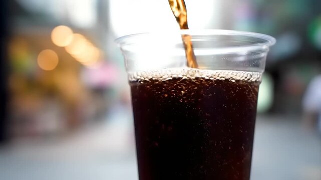 Pouring cola into a clear plastic cup with foam and bubbles.