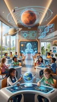Teacher hologram teaching student in classroom with virtual reality planetary system and high technology. Future digital education, scientific learning and innovation in modern school.