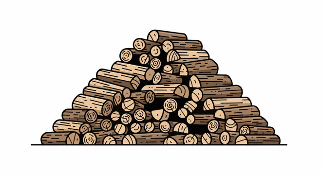 A large pile of chopped firewood is stacked in a triangular pyramid shape