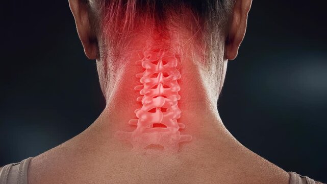 Close up of neck pain with highlighted cervical spine inflammation and muscle strain illustration