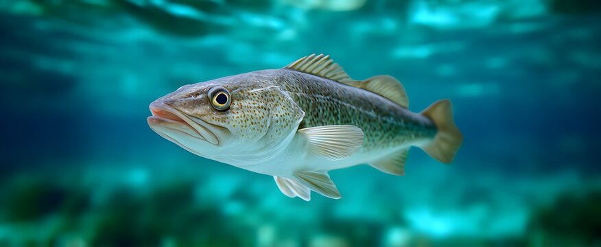 The cod fish glides like a silver arrow through crystal-clear ocean water.