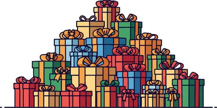 A large stack of colorful, wrapped gift boxes with bows