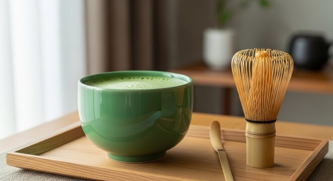 Fresh Matcha Tea Bowl and Bamboo Whisk