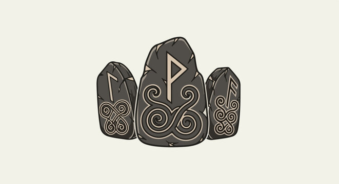 Three ancient rune stones with intricate swirling knotwork patterns