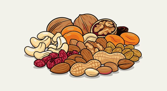 A colorful assortment of nuts and dried fruits piled together against a light background