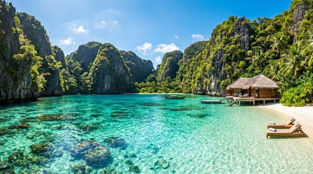 A serene tropical lagoon with crystal-clear turquoise water, nestled between lush limestone cliffs. Overwater bungalows and a sun-drenched beach offer a perfect island escape.