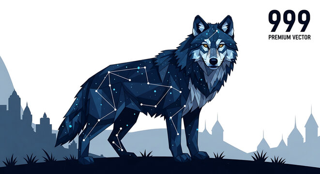 Geometric wolf illustration with constellation patterns and starry night sky texture, stylized animal portrait with abstract polygonal shapes and celestial elements