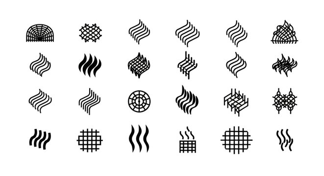 collection of line art abstract wavy steam vapor heat smoke patterns and grid textures isolated on white background