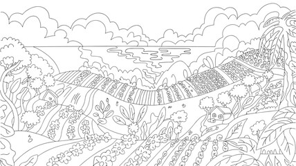 Obraz premium Detailed black and white line art illustration of rural farmland landscape