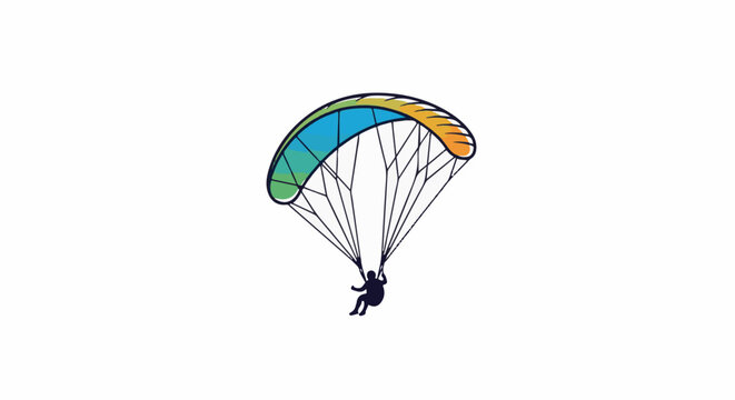 A colorful paraglider with a silhouetted figure suspended below