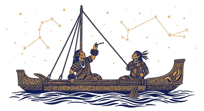 Polynesian wayfinders navigating by the stars in a traditional outrigger canoe