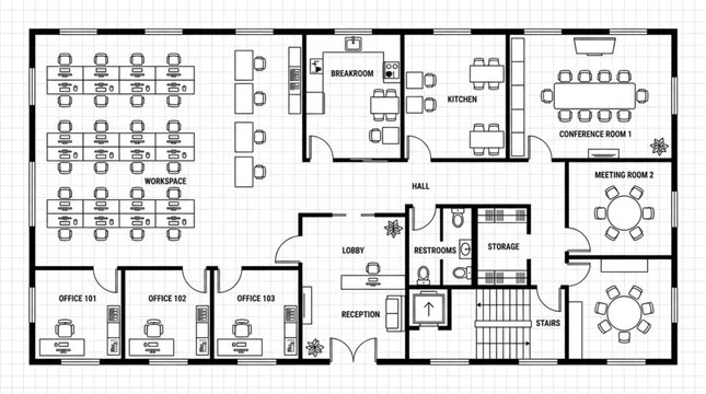 Detailed Architectural Blueprint of a Modern Office Building Floor Plan.
