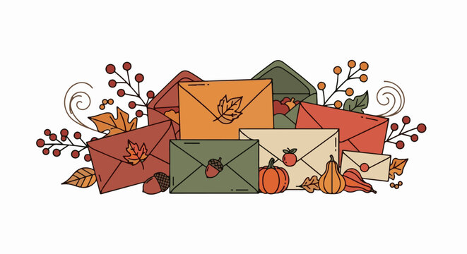 A collection of autumn-themed envelopes with seasonal decorations