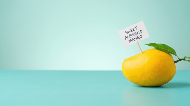 Fresh ripe alphonso mango with a green leaf and a small sign with the text sweet alphonso mango on a light blue background
