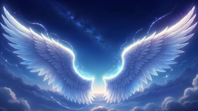 Beautiful glowing angel wings in a dreamy sky with stars and clouds at sunrise or sunset