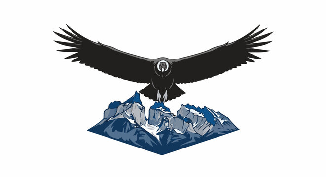 A condor with wings spread flies over snow-capped mountains