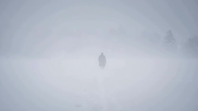 A lone person walking through a heavy snowstorm disappearing into a white winter landscape